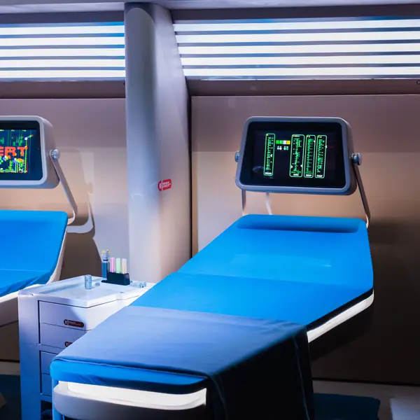 Clinical treatment bays with bedside monitoring screens